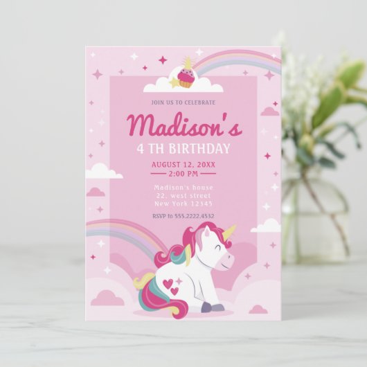 Pastel Pink Rainbow Unicorn Birthday Party Kaart (Staand voorkant)