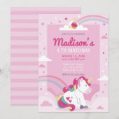 Pastel Pink Rainbow Unicorn Birthday Party Kaart (Voorkant / Achterkant)