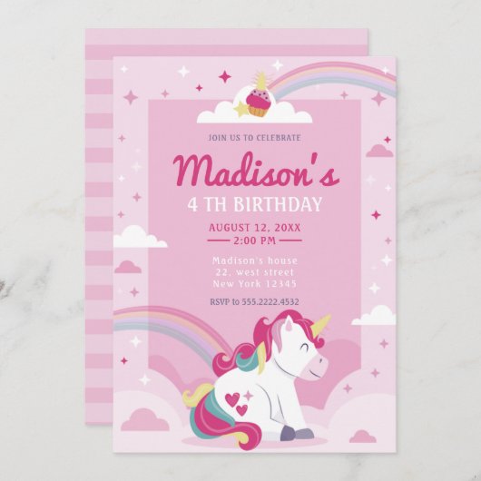 Pastel Pink Rainbow Unicorn Birthday Party Kaart (Voorkant / Achterkant)