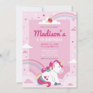 Pastel Pink Rainbow Unicorn Birthday Party Kaart