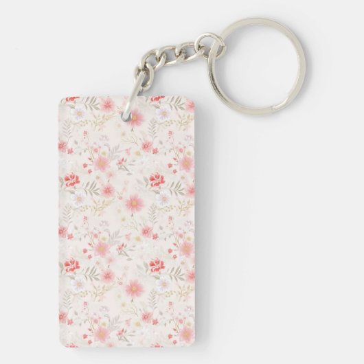 Pastel Pink Red White Flowers Pattern Two-sided Sleutelhanger (achterkant)
