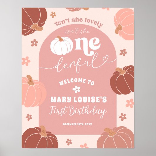 Pastel Pink Retro Pumpkin First Birthday Welcome Poster (Voorkant)