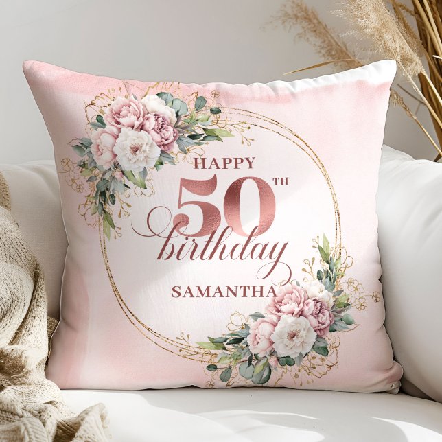 Pastel Pink Rose Gold Greenery 50th Birthday Gift Kussen (Pastel Pink Rose Gold Greenery 50th Birthday Pillow Gift)