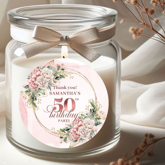 Pastel Pink Rose Gold Greenery 50th Birthday   Ronde Sticker
