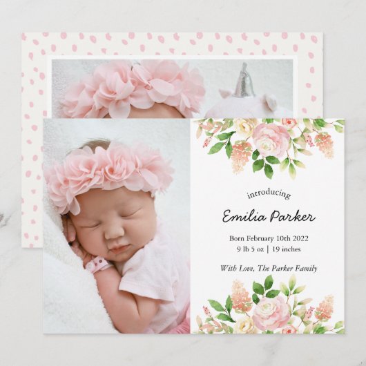 Pastel Pink Rose | Modern Elegant Floral Birth Aankondiging (Voorkant / Achterkant)