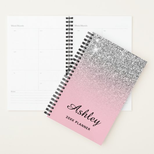 Pastel Pink Silver Glitter Ombre Personaliseerd Planner (Display)