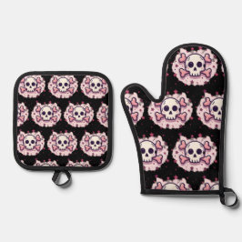 Pastel Pink Skull and Crossbones Ovenwant & Pannenlap Set