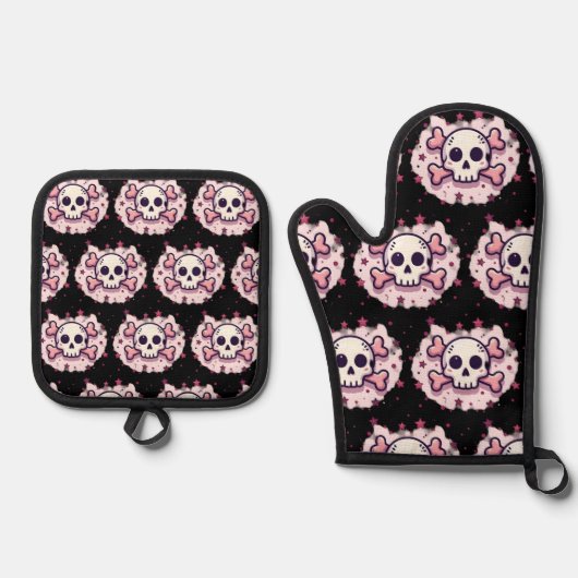 Pastel Pink Skull and Crossbones Ovenwant & Pannenlap Set (Voorkant)