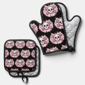 Pastel Pink Skull and Crossbones Ovenwant & Pannenlap Set (Voorkant / Achterkant)