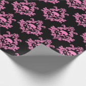 Pastel Pink Skull damask op zwart inpakpapier (Hoek)