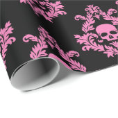 Pastel Pink Skull damask op zwart inpakpapier (Rol Hoek)