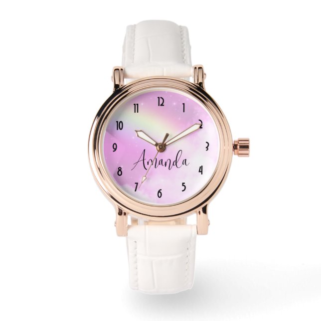 Pastel Pink Sky met gele regenboog Horloge (Voorkant)