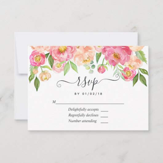 Pastel Pink Spring Waterverf Peonies Wedding RSVP (Voorkant)