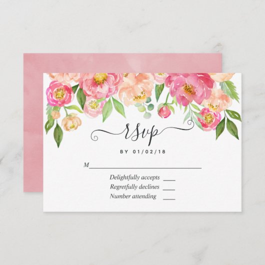 Pastel Pink Spring Waterverf Peonies Wedding RSVP (Voorkant / Achterkant)
