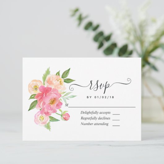 Pastel Pink Spring Waterverf Peonies Wedding RSVP Kaartje (Staand voorkant)