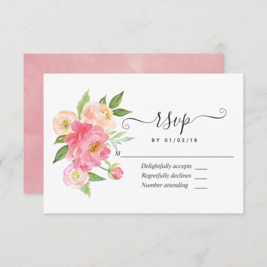 Pastel Pink Spring Waterverf Peonies Wedding RSVP Kaartje (Voorkant / Achterkant)