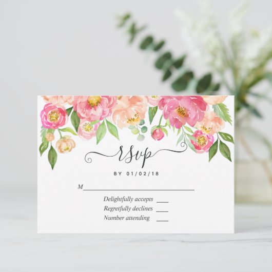 Pastel Pink Spring Waterverf Peonies Wedding RSVP Kaartje (Staand voorkant)