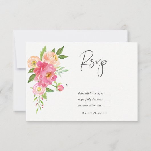 Pastel Pink Spring Waterverf Peonies Wedding RSVP Kaartje (Voorkant)