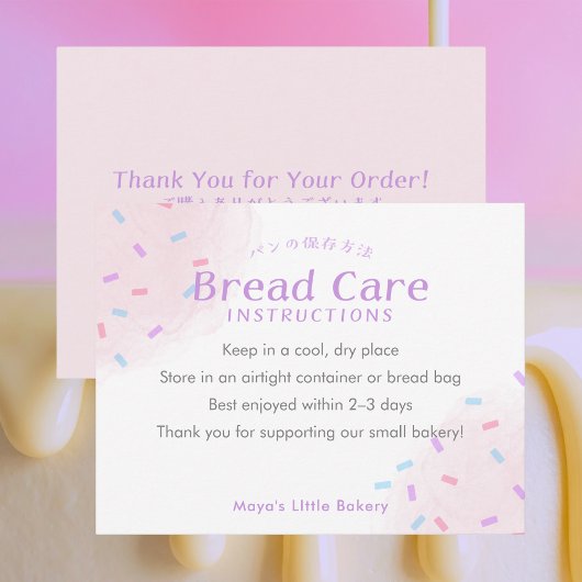 Pastel Pink Sprinkle Bread Care Instructions Bedankkaart