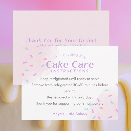 Pastel Pink Sprinkle Cake Care Instructions Bedankkaart