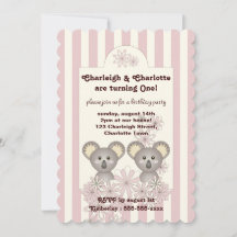 Pastel Pink Stripe Baby Koala Twin Girl Birthday
