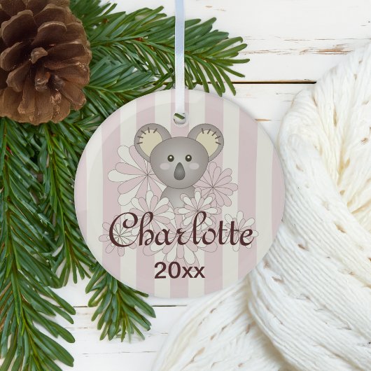 Pastel Pink Stripe Cute Baby Koala Girl Glas Ornament