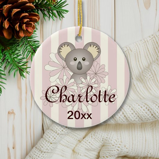 Pastel Pink Stripe Cute Baby Koala Girl Kerstmis Keramisch Ornament