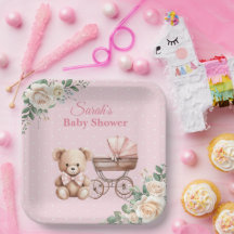 Pastel Pink Teddy Bear Baby Shower Paper Plate
