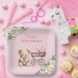 Pastel Pink Teddy Bear Baby Shower Paper Plate Papieren Bordje