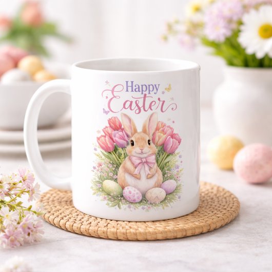 Pastel Pink Tulips Easter Bunny Happy Easter Koffiemok