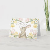 Pastel Pink Tulips & Yellow Daffodils Happy Easter Kaart (Voorkant)