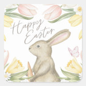 Pastel Pink Tulips & Yellow Daffodils Happy Easter Vierkante Sticker (Voorkant)