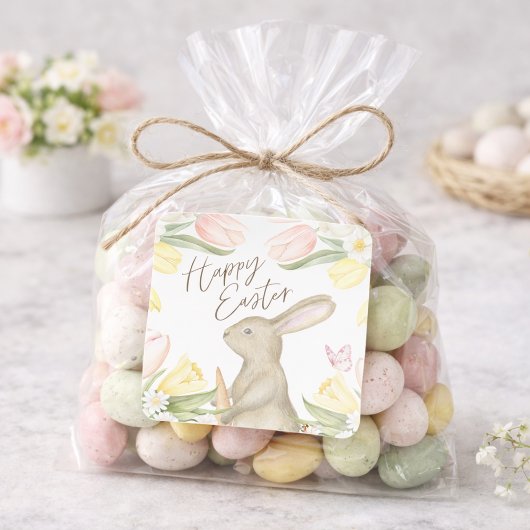 Pastel Pink Tulips & Yellow Daffodils Happy Easter Vierkante Sticker