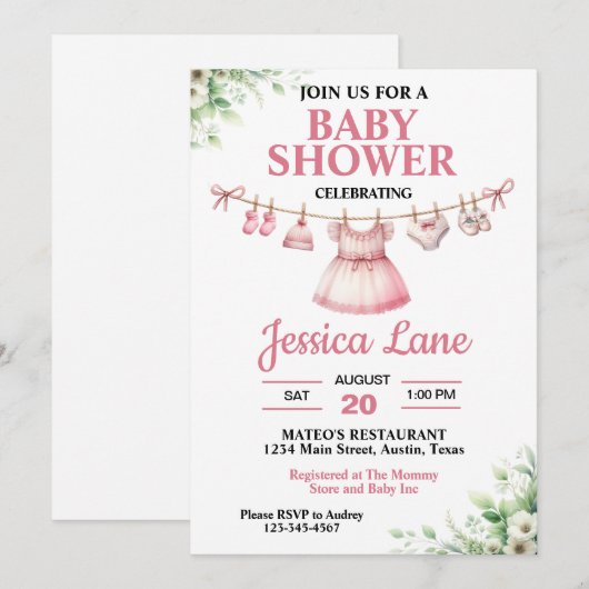 Pastel Pink Tutu Girl Baby shower Uitnodiging (Voorkant / Achterkant)