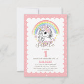 Pastel Pink Unicorn Girl Birthday Invite Kaart (Voorkant)