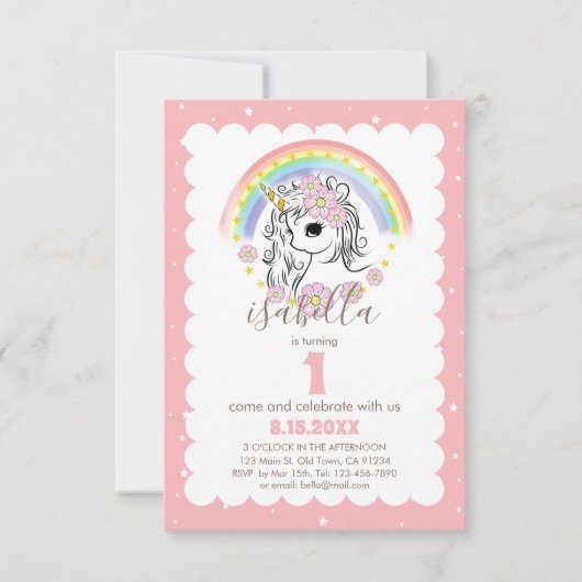 Pastel Pink Unicorn Girl Birthday Invite Kaart (Voorkant)