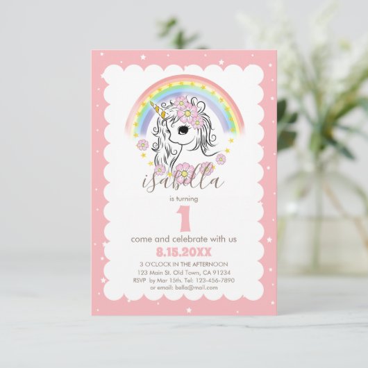 Pastel Pink Unicorn Girl Birthday Invite Kaart (Staand voorkant)