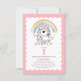 Pastel Pink Unicorn Girl Birthday Invite Kaart