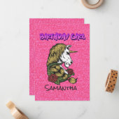 Pastel Pink Warrior Unicorn Birthday Invite Notitiekaartje (Voorkant / Achterkant in situ)