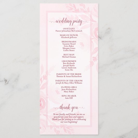 Pastel Pink Watercolor Peonies Elegant Wedding Programmakaart (Achterkant)