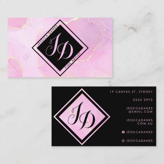 Pastel Pink Waterverf Black Diamond Monogram Visitekaartje (Voorkant / Achterkant)