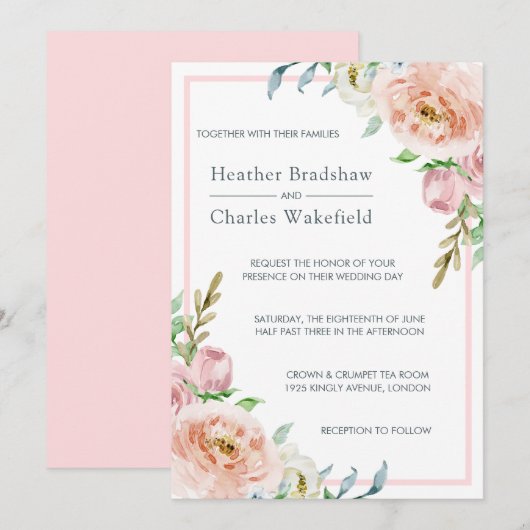  Pastel Pink Waterverf Floral Wedding Kaart (Voorkant / Achterkant)