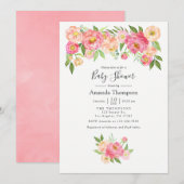 Pastel Pink Waterverf Peonies Baby shower Kaart (Voorkant / Achterkant)