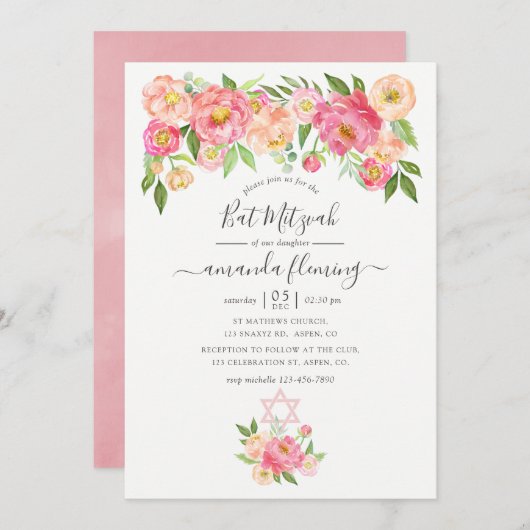 Pastel Pink Waterverf Peonies Bat Mitzvah Kaart (Voorkant / Achterkant)