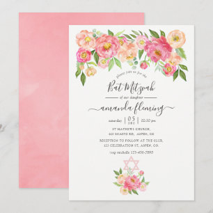 Pastel Pink Waterverf Peonies Bat Mitzvah Kaart
