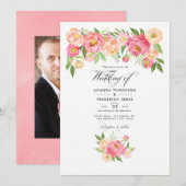 Pastel Pink Waterverf Peonies Weddenfoto Kaart (Voorkant / Achterkant)