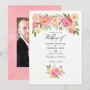 Pastel Pink Waterverf Peonies Weddenfoto Kaart