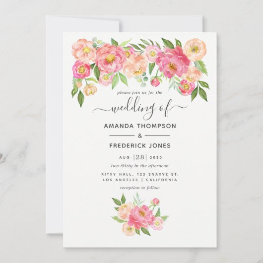 Pastel Pink Waterverf Peonies Wedding Kaart (Voorkant)