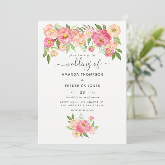 Pastel Pink Waterverf Peonies Wedding Kaart (Staand voorkant)