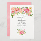 Pastel Pink Waterverf Peony QR Code RSVP Weddensch Kaart (Voorkant / Achterkant)